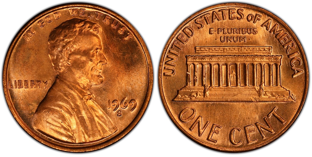 1969-S penny DDO Doubled Die Obverse versus normal 1969-S comparison showing dramatic doubling on IN GOD WE TRUST and LIBERTY