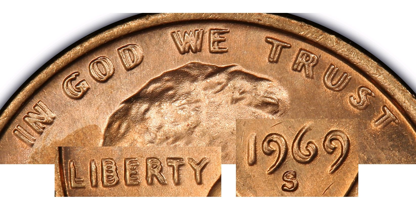 1969-S Doubled Die Obverse DDO close-up showing dramatic open separation on IN GOD WE TRUST and LIBERTY