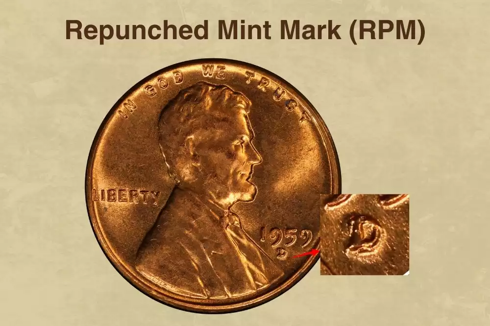 1969-D penny repunched mint mark RPM close-up showing secondary D impression offset from primary D