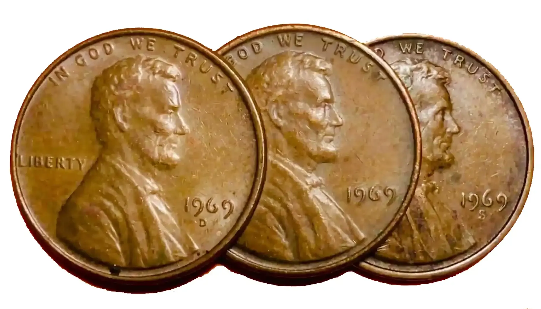 1969 Lincoln Memorial penny group showing Philadelphia, Denver, and San Francisco specimens from all varieties