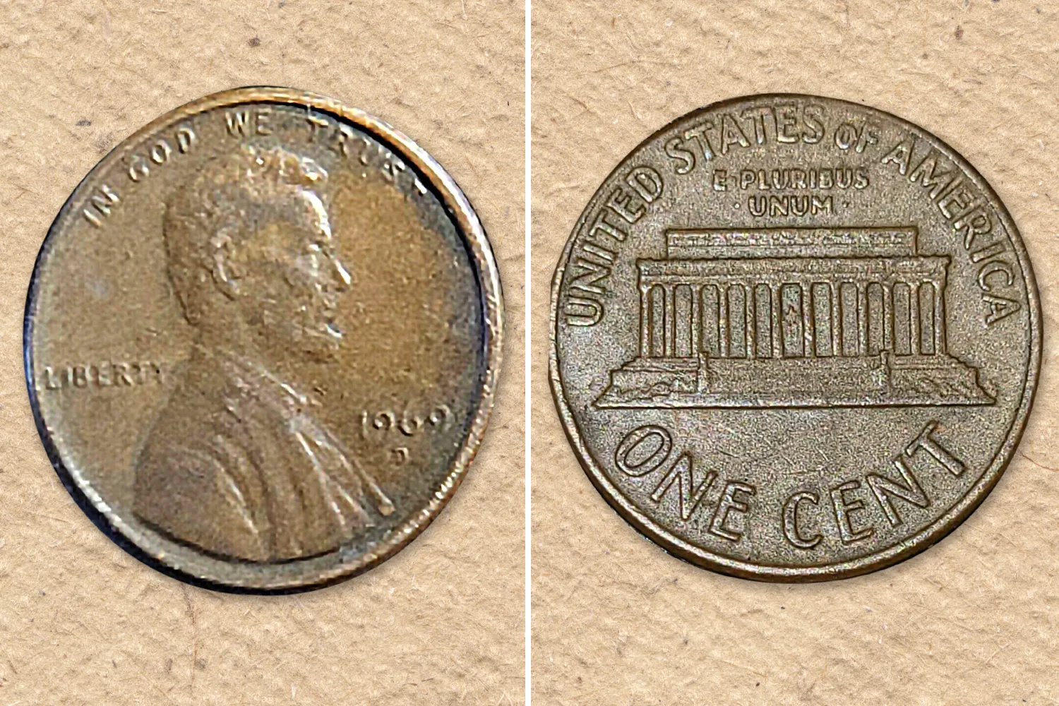1969 Lincoln penny grading strip showing four coins from worn circulated through gem uncirculated condition